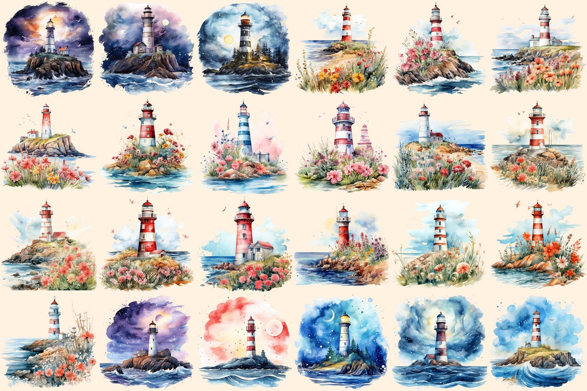 Lighthouses Watercolor Clipart Bundle – 154+ PNG Images (digital ...