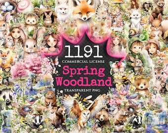 Spring Woodland Watercolor Clipart – Forest Animal Graphics (Digital Download)