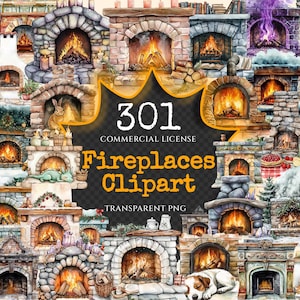 Fireplaces Watercolor Clipart Bundle - 298+ transparent PNG, Warm fireplace illustration, Winter hearth png, Commercial use,Digital download