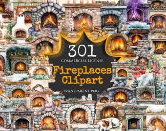 Pode incluir: Uma coleção de 301 imagens de clipart de aquarela de lareiras com vários designs e estilos. As imagens são rotuladas como "301 Fireplaces Clipart" e "Licença comercial, PNG transparente".