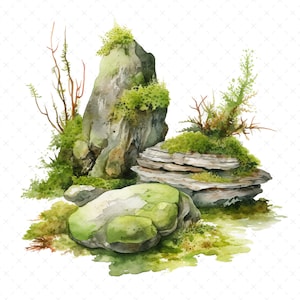Może przedstawiać: Akwarela przedstawiająca porośniętą mchem formację skalną z zieloną roślinnością. Skały są różnej wielkości i kształtu, z dużą, pionową skałą po lewej stronie i mniejszą, zaokrągloną skałą na pierwszym planie. Skały są pokryte zielonym mchem i porostami.