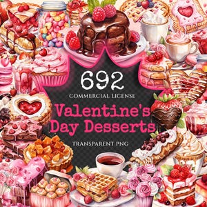 Valentine's Day Desserts Watercolor Clipart Bundle - 690+ transparent PNG, Heartfelt graphics, Lovely art, Commercial use, Digital download