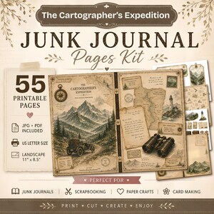 Pode incluir: Um kit de páginas para junk journal intitulado The Cartographer's Expedition com 55 páginas imprimíveis em formato paisagem de 27,9 por 21,6 cm. O design inclui mapas vintage, paisagens de montanha, um carro clássico, binóculos e bússolas.