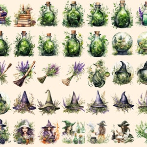 Herbal Witches Watercolor Clipart Bundle - 310+ transparent PNG, Whimsical fantasy graphics, Enchanted png, Commercial use, Digital download