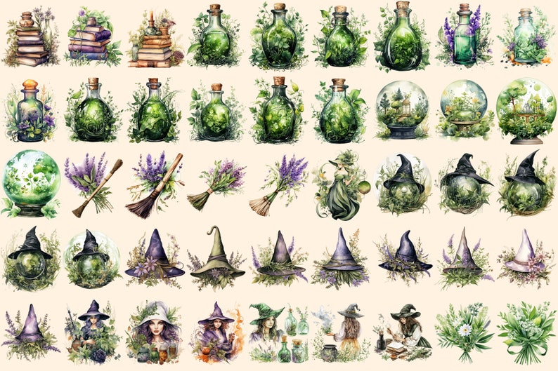 Herbal Witches Watercolor Clipart Bundle - 310+ transparent PNG, Whimsical fantasy graphics, Enchanted png, Commercial use, Digital download