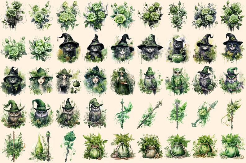 Herbal Witches Watercolor Clipart Bundle - 310+ transparent PNG, Whimsical fantasy graphics, Enchanted png, Commercial use, Digital download