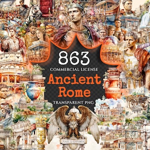 Ancient Rome Watercolor Clipart Bundle - 860+ transparent PNG, Classical empire graphics, Ancient roman, Commercial use, Digital download