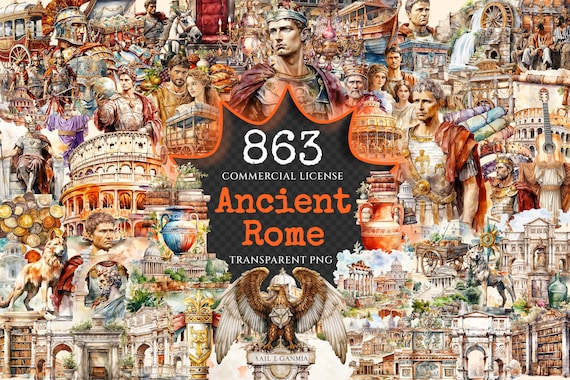 Ancient Rome Watercolor Clipart Bundle – 860+ PNG Graphics (Digital Download)