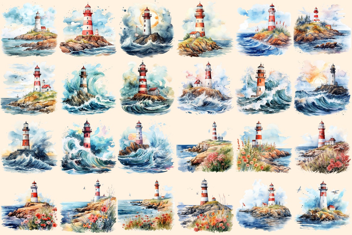 Lighthouses Watercolor Clipart Bundle – 154+ PNG Images (digital ...