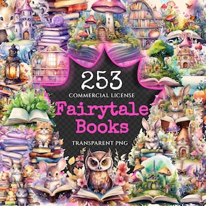 Fairytale Books Watercolor Clipart Bundle - 248+ transparent PNG, Cute storybook graphics, Magical images, Commercial use, Digital download