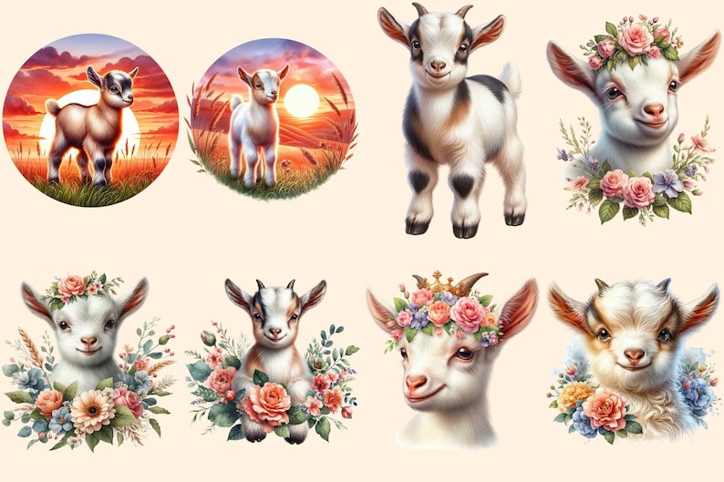 Baby Goats PNG Clipart Collection - 38 PNG, Charming goat illustrations, Farmyard art printables, Commercial use, Digital download