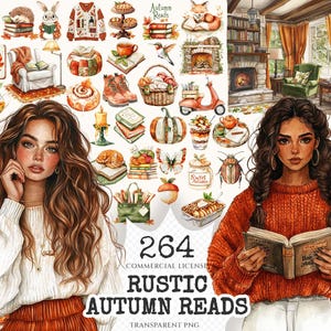 Puede incluir: Ilustración en acuarela con dos mujeres y elementos otoñales. Incluye libros, calabazas, suéteres y el texto "Rustic Autumn Reads". La paleta de colores es cálida, con naranjas, marrones y cremas.