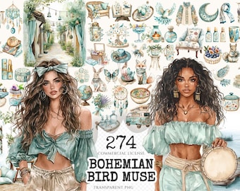 May include: A watercolour illustration showcasing a collection of bohemian-style elements. The image includes women, birds, butterflies, and decorative items in blue, green, and beige. Text reads "Bohemian Bird Muse".