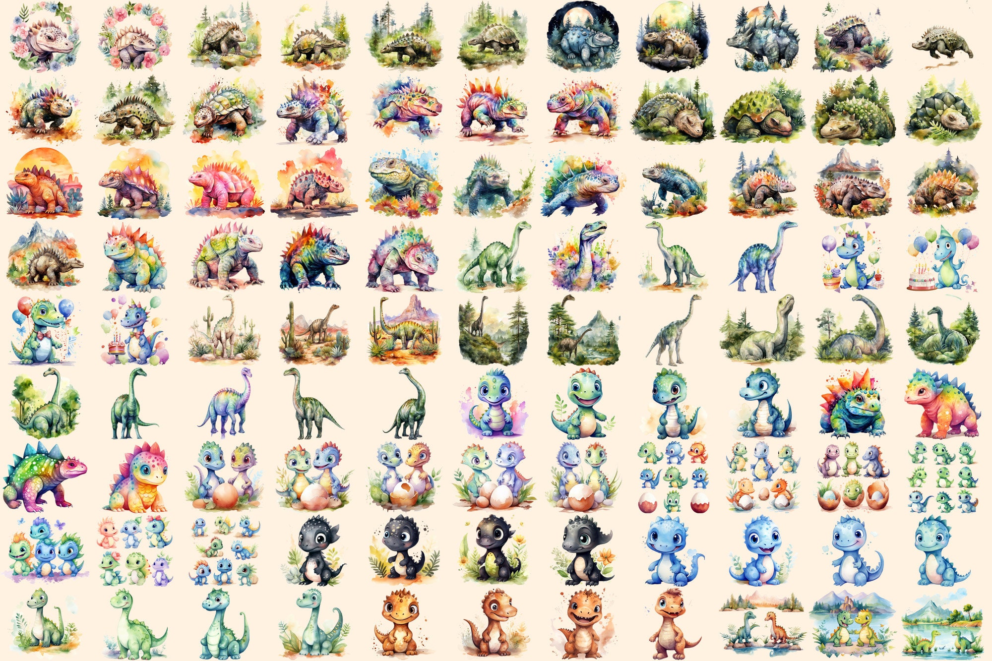 Watercolor Dinosaurs Clipart Bundle – 690+ Dino PNG Graphics (digital ...
