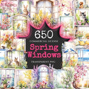May include: A collection of 650 watercolor illustrations of spring windows with various scenes, including flowers, birds, animals, and landscapes. The images are transparent PNG files and are available for commercial use.