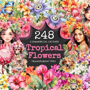 Tropical Flowers Watercolor Clipart Bundle - 245+ transparent PNG, Blooming flowers graphics, Summer png, Commercial use, Digital download