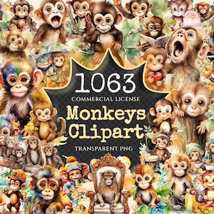 Monkeys Watercolor Clipart Bundle - 1060+ transparent PNG, Jungle animals graphics, Cute nursery images, Commercial use, Digital download
