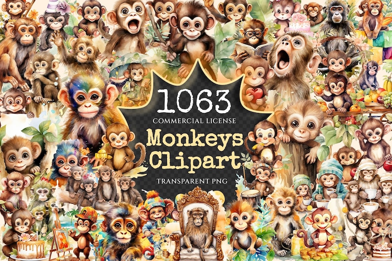 Monkeys Watercolor Clipart Bundle - 1060+ transparent PNG, Jungle animals graphics, Cute nursery images, Commercial use, Digital download