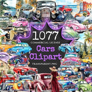 Watercolor Cars Clipart Bundle – 1072+ PNG Illustrations (Digital Download)