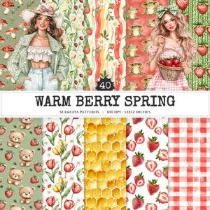 Warm Berry Spring Seamless Patterns, Spring summer JPEG, Spring flowers pattern, Cottage spring repeating pattern, Digital scrapbook paper
