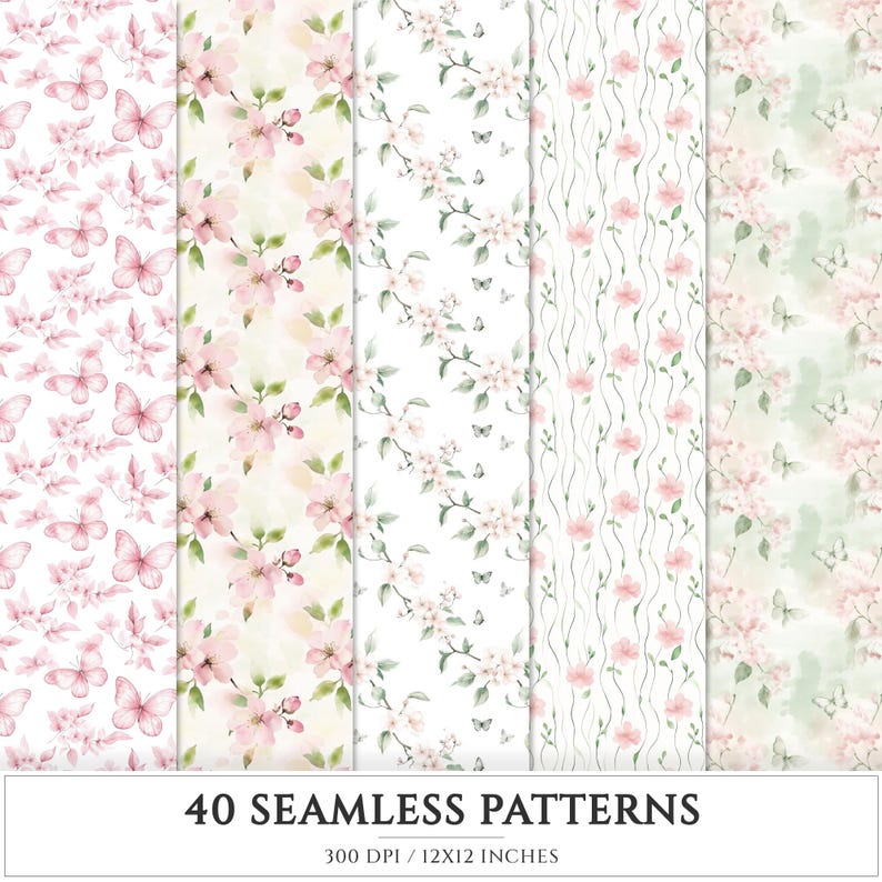 Spring Floral Seamless Patterns, JPEG, Digital Scrapbook Paper (digital ...