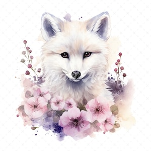 20 High-Quality Floral Arctic Fox Clipart - Floral arctic fox digital watercolor JPG instant download for commercial use - Digital download