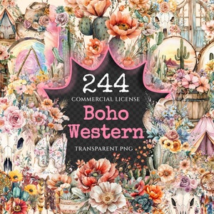 May include: A collection of 244 watercolor illustrations featuring a boho western theme. The illustrations include cacti, flowers, skulls, dreamcatchers, boots, and more. The illustrations are perfect for creating digital or physical crafts, invitations, and more.