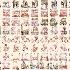 Bonjour Paris Watercolor Clipart Bundle - 575+ transparent PNG, Pink paris graphics, French illustrations, Commercial use, Digital download