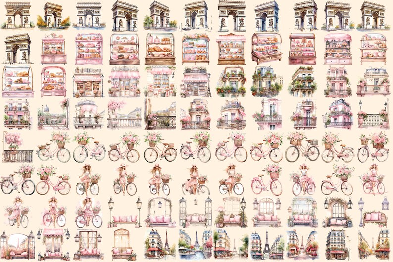 Bonjour Paris Watercolor Clipart Bundle - 575+ transparent PNG, Pink paris graphics, French illustrations, Commercial use, Digital download
