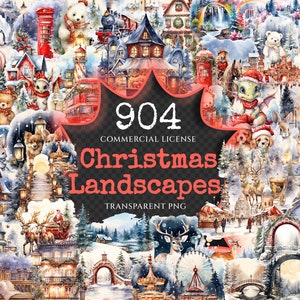 Christmas Landscapes Watercolor Clipart Bundle - 900+ transparent PNG, festive landscape graphics, Scenery, Commercial use, Digital download