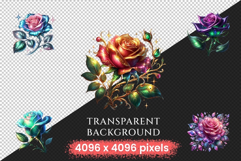 Fantasy Roses PNG Clipart Collection - 54 PNG, Magical rose illustration, Enchanted floral art, Commercial use, Digital download