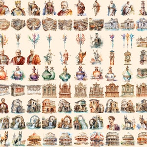 Ancient Rome Watercolor Clipart Bundle - 860+ transparent PNG, Classical empire graphics, Ancient roman, Commercial use, Digital download