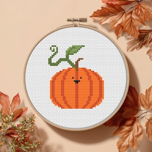 May include: A cross-stitch embroidery of an orange pumpkin with a green stem and leaf, set in a wooden hoop. The pumpkin has a small, black face. The background is a neutral beige, with autumn leaves.