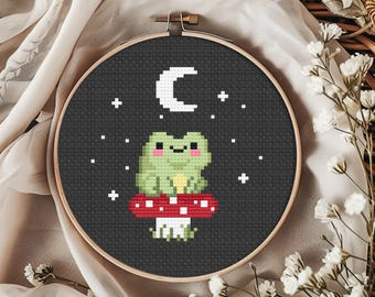 Frog Cross Stitch Pattern, Cottagecore Mushroom Design / PDF