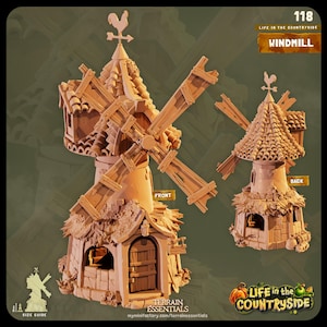 May include: A light brown miniature windmill model featuring a rooster weather vane, textured roof tiles, and a wooden door. The image displays both front and back views of the structure, labeled 118, Life in the Countryside, and Terrain Essentials.