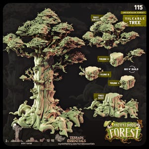 May include: A 3D printable model of a tree from the Ancient Wood Forest collection, labeled 115. It features a modular design with a tree crown, trunk segments A, B, and C, and a tree base. The components are light green and stackable.