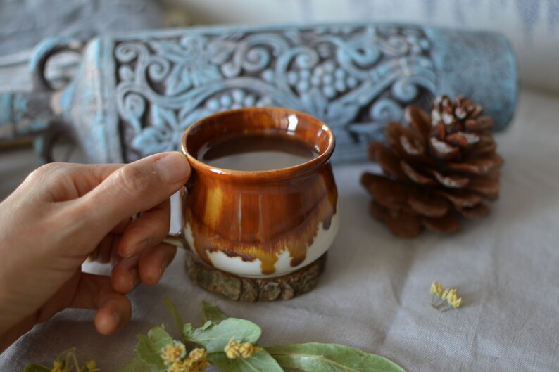 Handmade Ceramic Mug with Honey Brown Glaze, Espresso Cup with Handle, Ceramic Tea Tumbler, Stoneware Mug with Drippy Glaze image 9