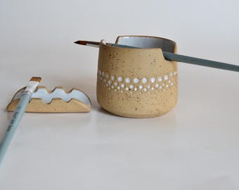 Pottery Paint Brush Rest & Rinse Cup Set | Speckled Stoneware Artist Tools | Gift for Painters