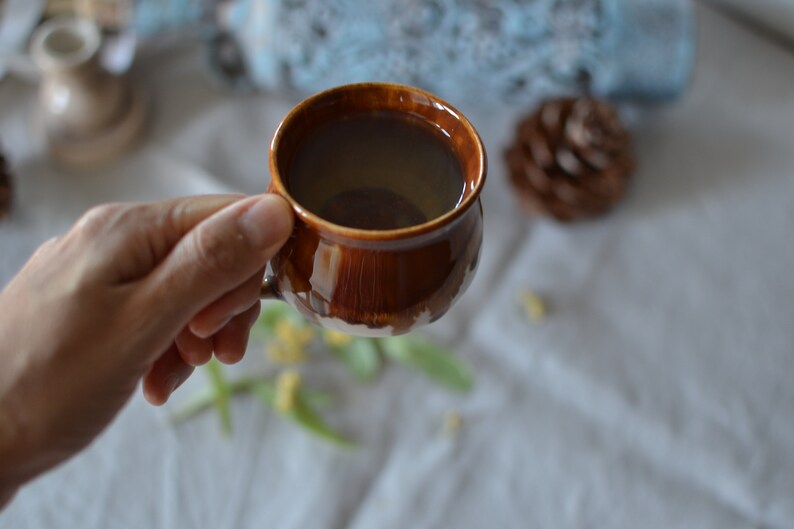 Handmade Ceramic Mug with Honey Brown Glaze, Espresso Cup with Handle, Ceramic Tea Tumbler, Stoneware Mug with Drippy Glaze image 7
