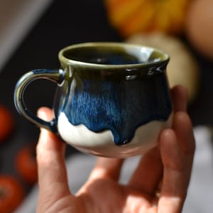 Handmade Dark Blue Drippy Glaze Stoneware Mug, Ceramic Espresso Mug, 4.5 oz/135 ml Ceramic Tea Tumbler with Handle
