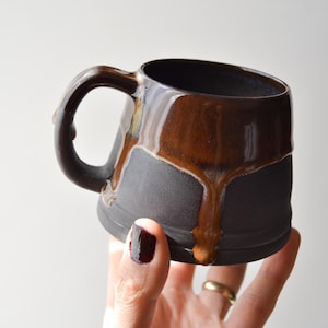 Handmade Stoneware Coffee Mug: Brown Drippy Glaze, Black Clay, 7oz