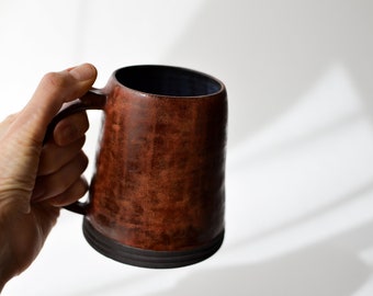 Red Mug Black Stoneware Beer Mug Ceramic Beer Stein Large Coffee Mug Handmade Tea Mug Wheel Thrown Ceramic Big Mug Gift for Him