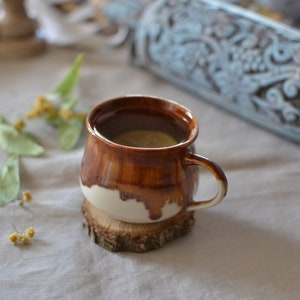 Handmade Ceramic Mug with Honey Brown Glaze, Espresso Cup with Handle, Ceramic Tea Tumbler, Stoneware Mug with Drippy Glaze image 1