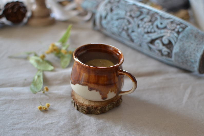 Handmade Ceramic Mug with Honey Brown Glaze, Espresso Cup with Handle, Ceramic Tea Tumbler, Stoneware Mug with Drippy Glaze image 1