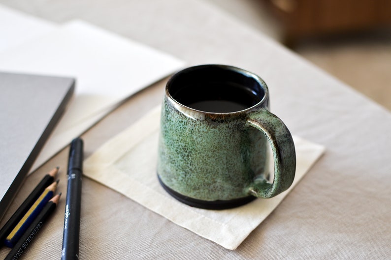 Handcrafted Black Stoneware Pottery Mug in Emerald Green, Ceramic Tumbler for Tea/Drip Coffee/Americano/Latte/Cappuccino, Cup with Handle image 1