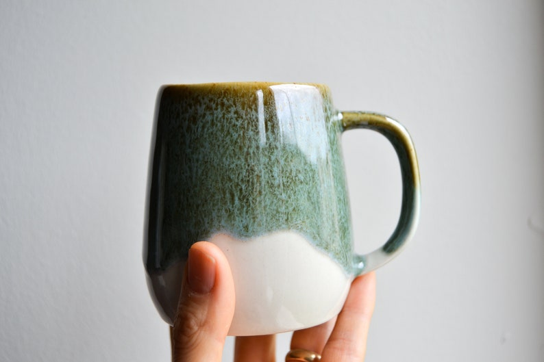 10 oz/300 ml Stoneware Green Mug, Ceramic Mug with Handle, Stoneware Tea Tumbler with Drippy Glaze, Modern Coffee Mug image 1