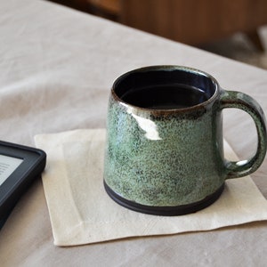 Handcrafted Black Stoneware Pottery Mug in Emerald Green, Ceramic Tumbler for Tea/Drip Coffee/Americano/Latte/Cappuccino, Cup with Handle image 10