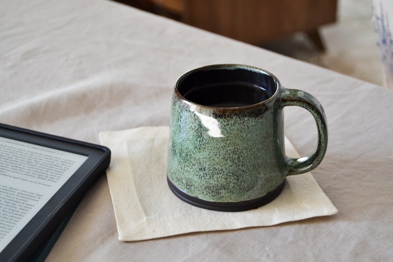 Handcrafted Black Stoneware Pottery Mug in Emerald Green, Ceramic Tumbler for Tea/Drip Coffee/Americano/Latte/Cappuccino, Cup with Handle image 10