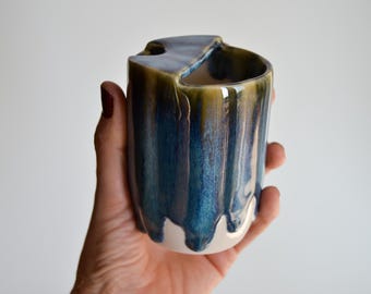 Ceramic Travel Mug, Handmade Blue Drippy Glaze, Stoneware Cup, Pottery Tumbler, Eco Friendly Gift