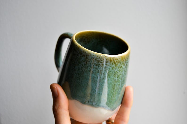 10 oz/300 ml Stoneware Green Mug, Ceramic Mug with Handle, Stoneware Tea Tumbler with Drippy Glaze, Modern Coffee Mug image 2